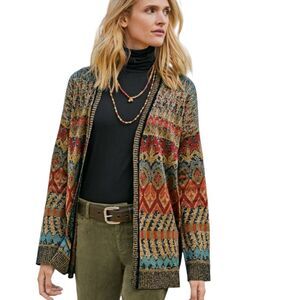 Peruvian Connection Pima Cotton & Gold Thread Southwest Long Open Cardigan (L)